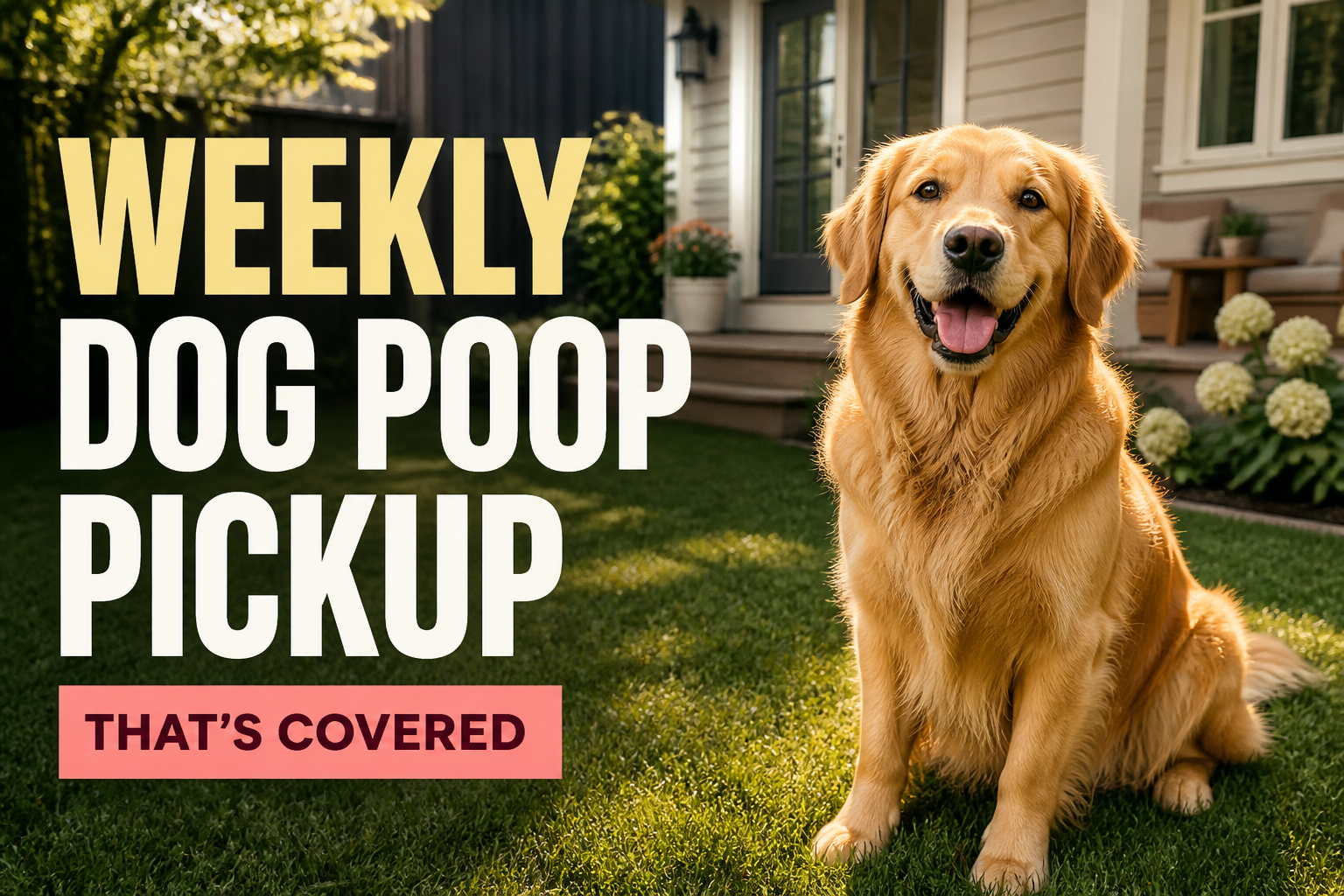 A happy golden retriever sitting in a clean backyard beside the words Weekly Dog Poop Pickup